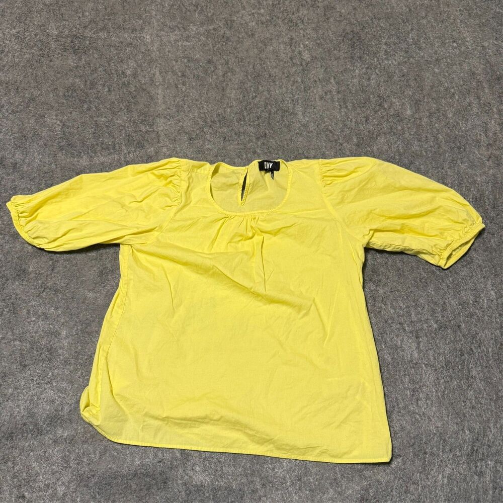 Dkny Womens Blouse Shirt Top Size M Bright Yellow Chambray Puff Sleeve